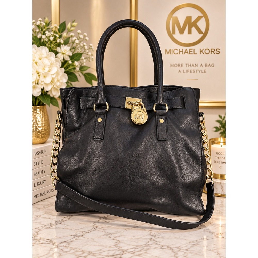 Michael Kors Hamilton Black Leather Satchel Gold Padlock Large Tote Handbag
